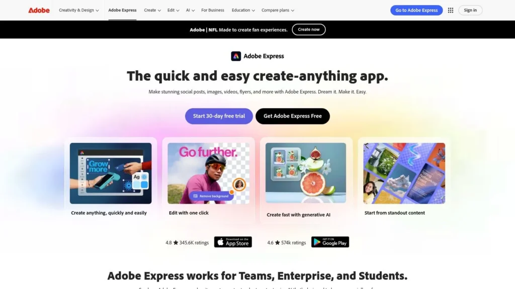 Adobe Express homepage showing the tagline “The quick and easy create-anything app,” with buttons for a free trial and feature previews for editing, generative AI tools, and social media content creation.