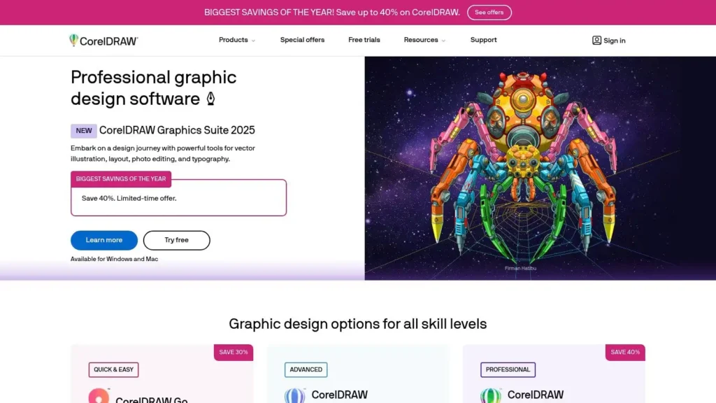 CorelDRAW Graphics Suite 2025 homepage showing “Professional graphic design software” with a 40% limited-time offer banner and a colorful robotic spider illustration against a starry space background.