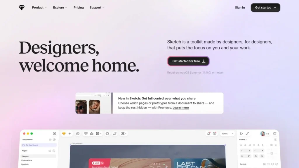 Sketch design software homepage with “Designers, welcome home” headline, get started for free button, and interface preview showcasing UI design tools for macOS.