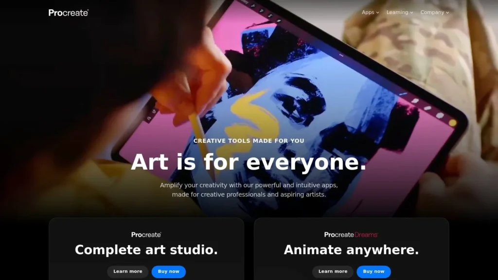 Procreate homepage featuring a person drawing on an iPad with a stylus, “Art is for everyone” headline, and sections promoting Procreate and Procreate Dreams creative apps.