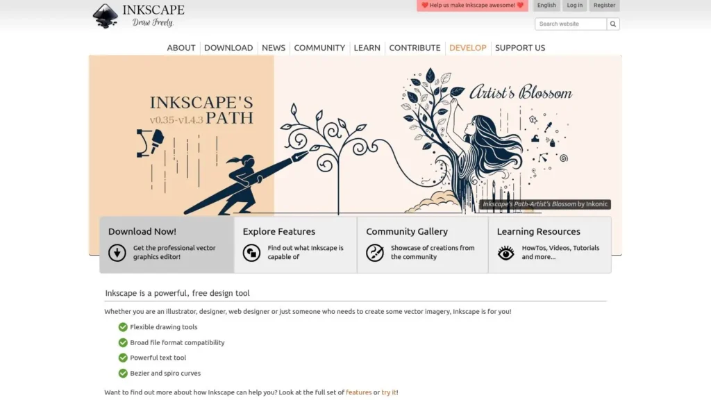 Inkscape homepage featuring “Inkscape’s Path” banner artwork with vector illustrations, download and feature sections, and navigation links for community gallery and learning resources.