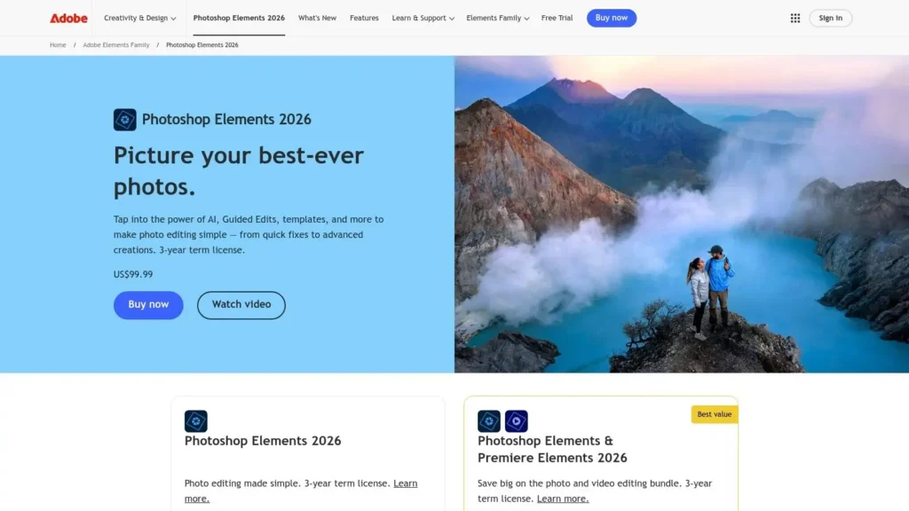 Adobe Photoshop Elements 2026 product page featuring the headline “Picture your best-ever photos,” pricing details, buy button, and a scenic mountain lake image with two hikers standing on a cliff above turquoise water.
