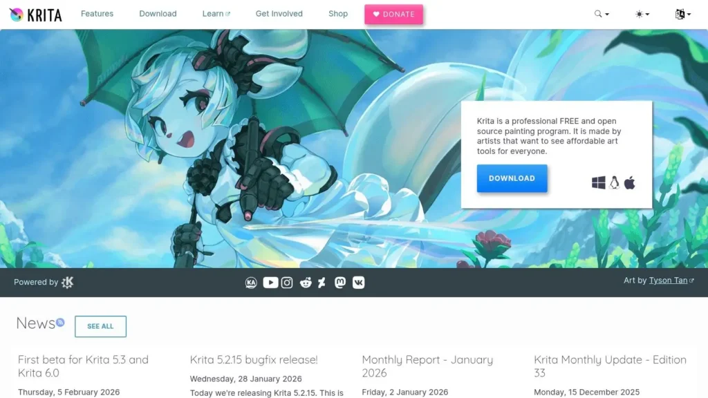 Krita homepage featuring anime-style artwork, description of the free open source painting program, and Download button with Windows, Linux, and macOS icons.