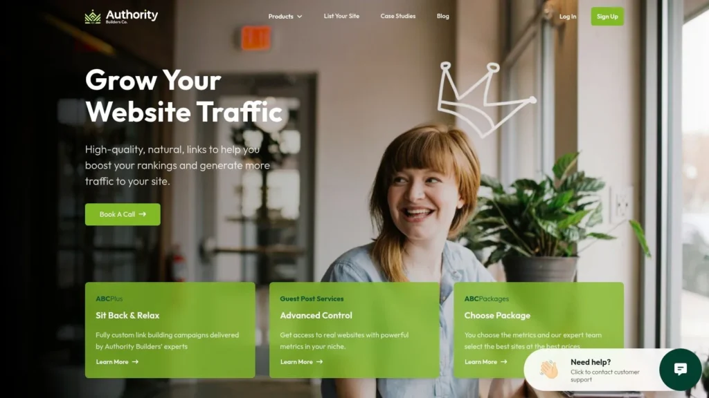 Authority Builders homepage promoting guest post services and link building to grow website traffic, featuring a smiling woman in an office setting and call-to-action buttons for booking a call and choosing packages.
