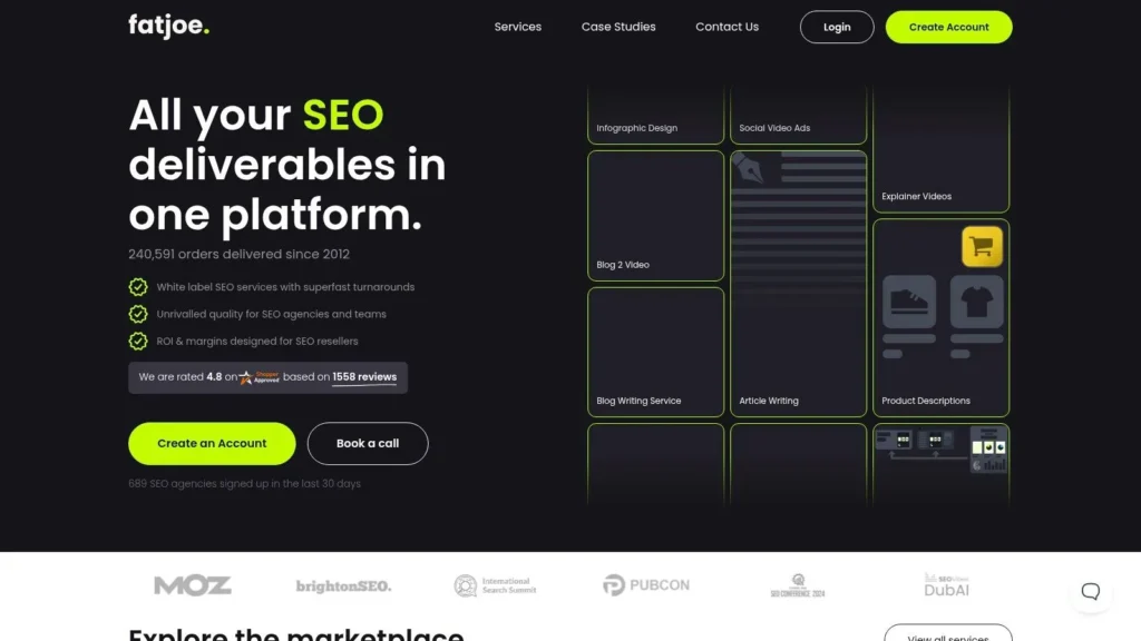 FatJoe homepage promoting white label SEO services, content writing, and digital marketing deliverables in one platform, with call-to-action buttons to create an account or book a call.