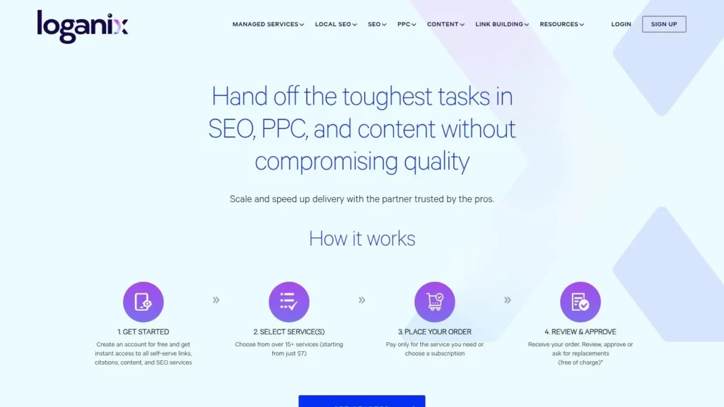 Loganix SEO services homepage explaining managed SEO, PPC, and content services with a step-by-step workflow: get started, select services, place your order, and review and approve.