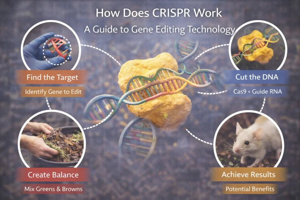 How Does CRISPR Work A Guide to Gene Editing Technology Realistic cover image titled “How Does CRISPR Work: A Guide to Gene Editing Technology” showing a detailed DNA strand being targeted and cut by CRISPR-Cas9, with visual steps including identifying the gene, cutting the DNA with guide RNA, and achieving potential genetic modification results.