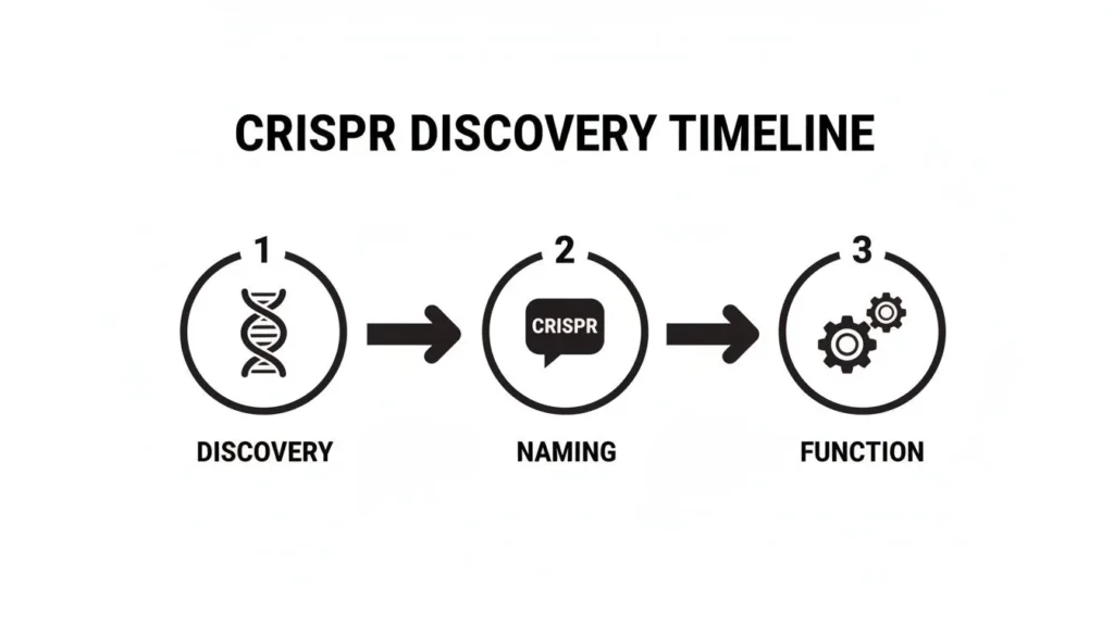 How Does CRISPR Work A Guide to Gene Editing Technology Infographic titled “CRISPR Discovery Timeline” showing three steps—1 Discovery with DNA icon, 2 Naming with CRISPR speech bubble, and 3 Function with gear icons—illustrating the development of CRISPR gene-editing technology.