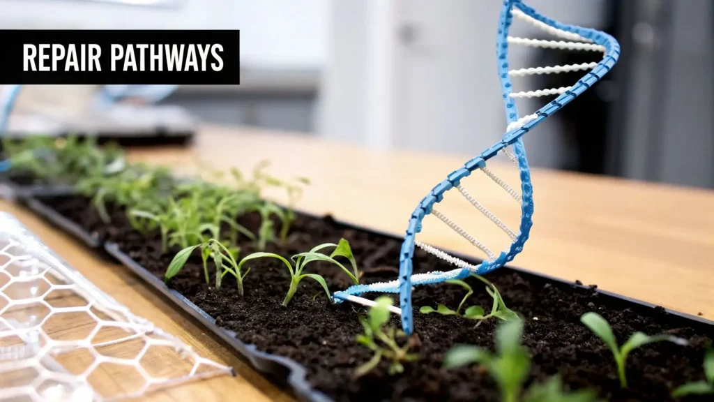 How Does CRISPR Work A Guide to Gene Editing Technology Seedlings growing in soil tray beside a blue DNA double helix model, with “Repair Pathways” text overlay illustrating genetic repair mechanisms in CRISPR gene editing.
