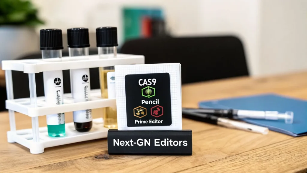 How Does CRISPR Work A Guide to Gene Editing Technology Test tubes in a lab rack beside a card labeled “CAS9, Pencil, Prime Editor” and a sign reading “Next-GN Editors,” illustrating next-generation CRISPR gene-editing tools.