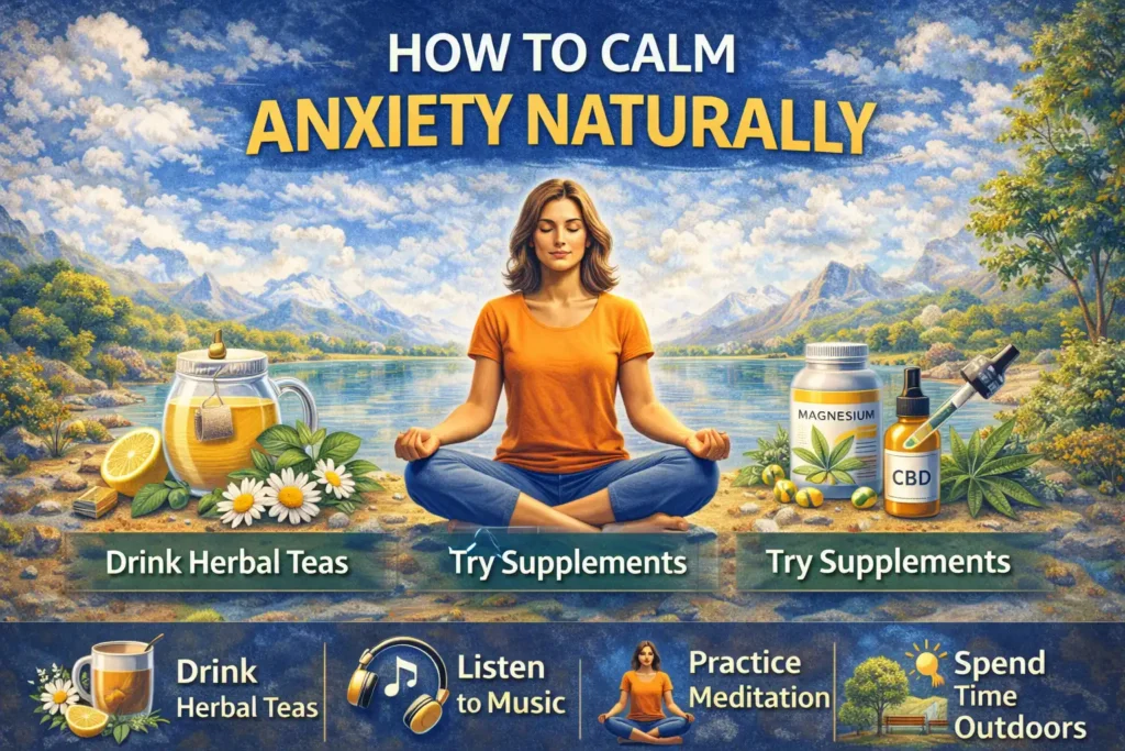How to calm anxiety naturally with meditation, herbal tea, supplements, and outdoor relaxation illustration