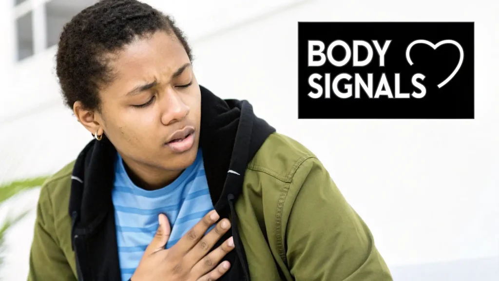Woman experiencing chest discomfort and shortness of breath, illustrating body signals of anxiety, stress, or panic attack, with text reading “Body Signals” and heart icon, related to mental health awareness.