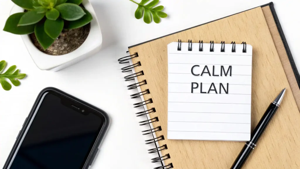 Flat lay of a notebook with “Calm Plan” text, pen, smartphone, and small plants on a desk, symbolizing an anxiety management plan, stress reduction strategies, mindfulness, and mental health planning.