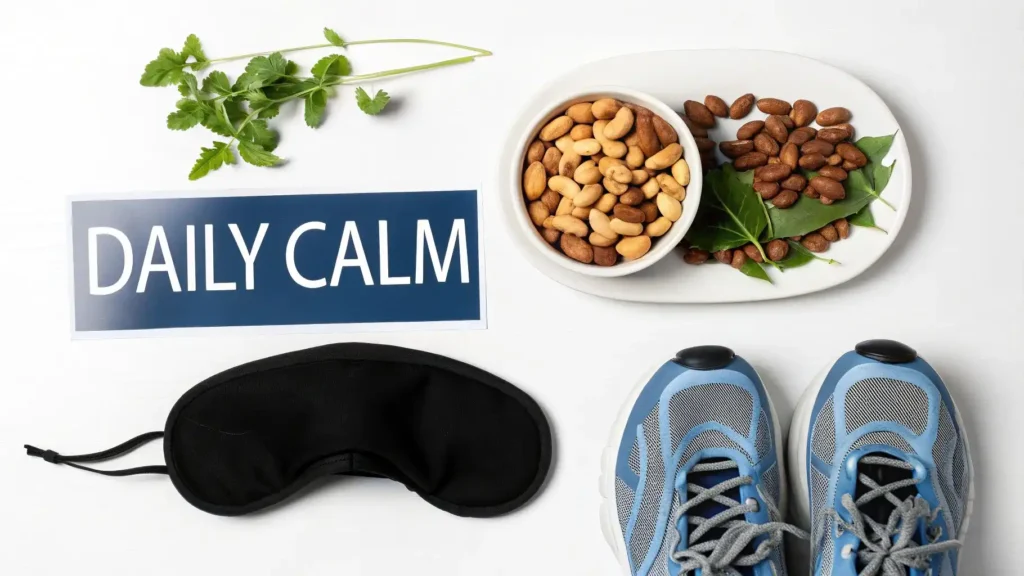 Flat lay of daily calm essentials including healthy nuts, fresh herbs, sleep mask, and running shoes with “Daily Calm” text, representing natural ways to reduce anxiety, manage stress, improve sleep, and support mental well-being.