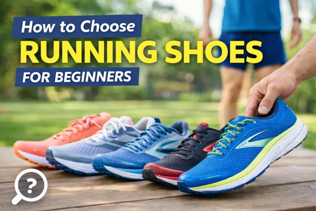 How to Choose Running Shoes for Beginners Running shoes lined up on table with hand selecting one, thumbnail for guide on how to choose running shoes for beginners.