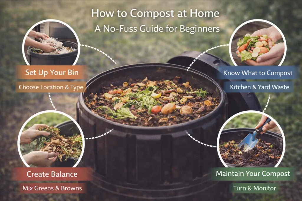 How to Compost at Home a No-Fuss Guide for Beginners Realistic cover image titled “How to Compost at Home: A No-Fuss Guide for Beginners” showing a backyard compost bin filled with kitchen and yard waste, alongside tips for setting up a bin, choosing compostable materials, mixing greens and browns, and maintaining the compost by turning and monitoring.