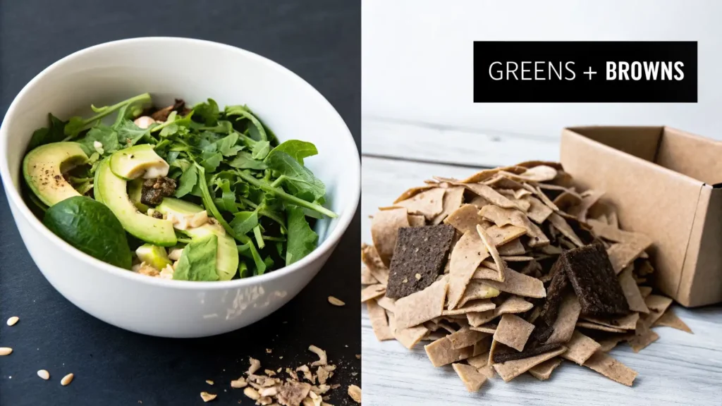 Side-by-side image showing a bowl of green food scraps like avocado and leafy greens labeled “Greens” and a pile of cardboard and paper scraps labeled “Browns,” illustrating composting materials balance.