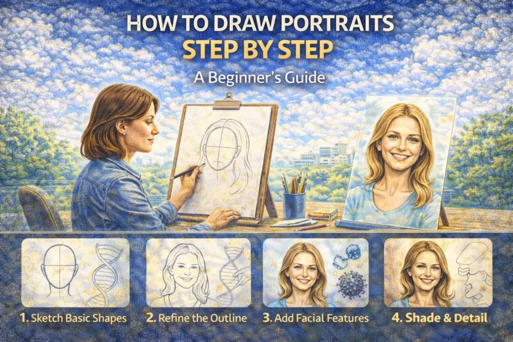 Illustration showing how to draw portraits step by step, with an artist sketching a face on an easel and panels below demonstrating basic shapes, refining the outline, adding facial features, and shading details.