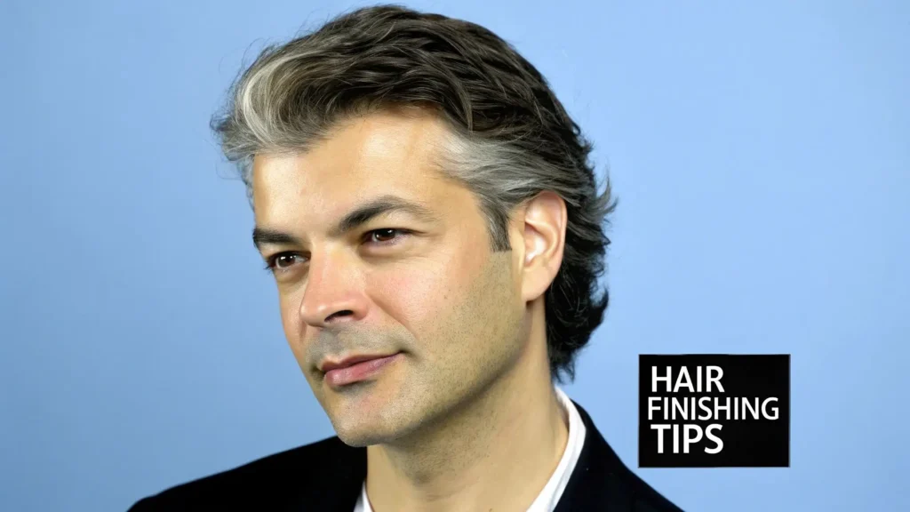 Close-up portrait of a man with styled salt-and-pepper hair against a blue background, with the text “Hair Finishing Tips” displayed on the image.