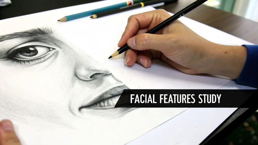 Close-up of a hand sketching a realistic pencil portrait, focusing on detailed eye, nose, and mouth, with the text “Facial Features Study” overlaid on the image.