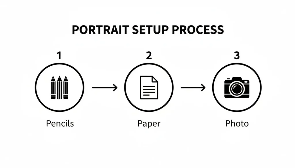Infographic titled “Portrait Setup Process” showing three steps with icons: 1) pencils, 2) paper, and 3) camera photo, illustrating the basic materials and workflow for drawing portraits.