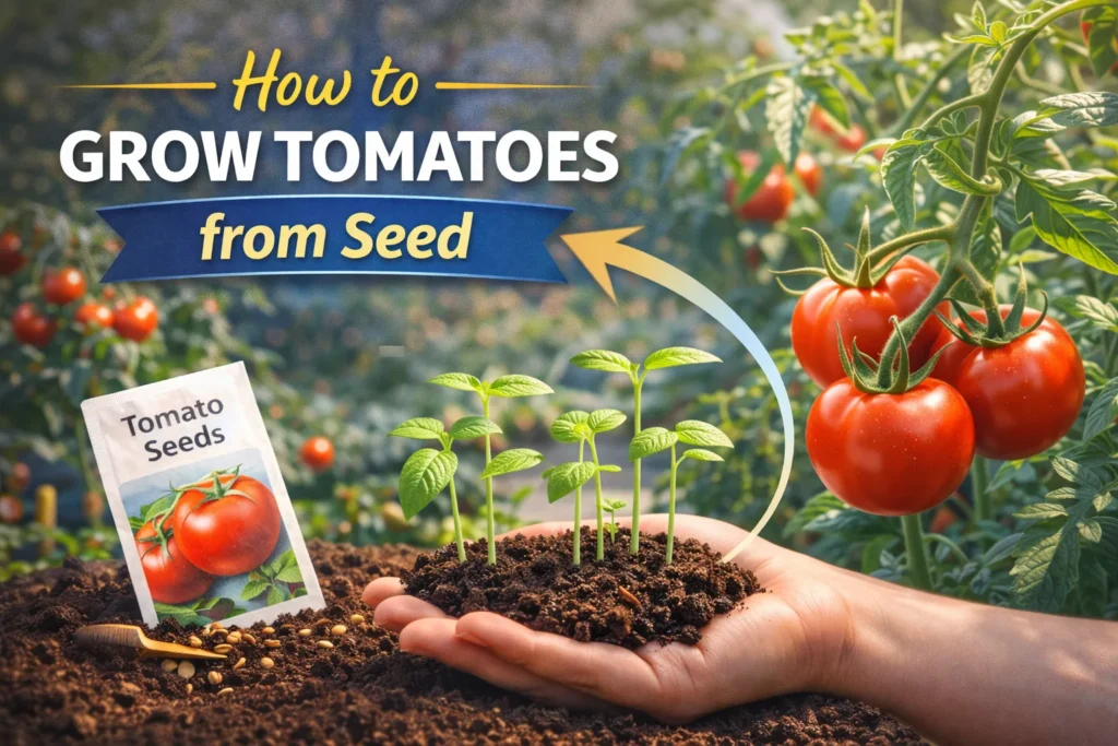 How to Grow Tomatoes from Seed: A Practical Guide Hand holding tomato seedlings in soil beside tomato plants and seed packet, thumbnail about growing tomatoes from seed.