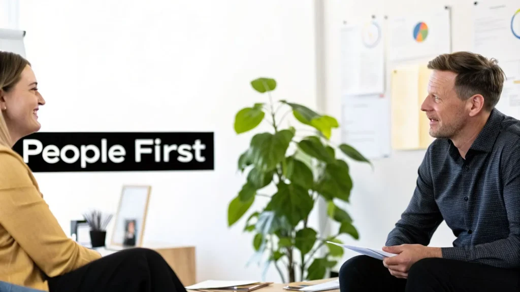 Manager meeting with employee in office with text “People First,” illustrating employee engagement, supportive leadership, and workplace productivity improvement.