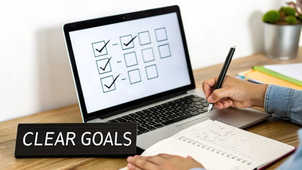 Professional setting clear goals on laptop checklist with notebook and pen, illustrating goal planning and productivity improvement in the workplace.