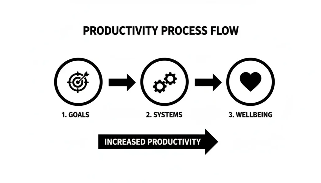 Productivity process flow diagram showing goals, systems, and wellbeing leading to increased employee productivity and improved workplace performance.