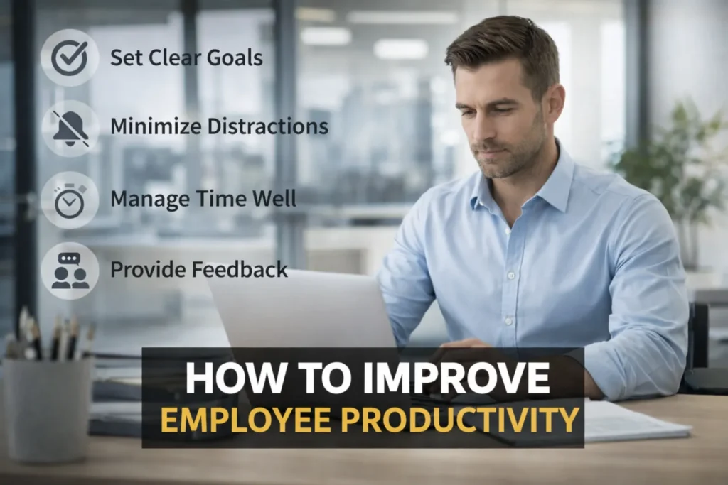 How to Improve Employee Productivity: Proven Tactics for Quick Wins Professional employee working on laptop in modern office with text “How to Improve Employee Productivity” and tips including set clear goals, minimize distractions, manage time well, and provide feedback.