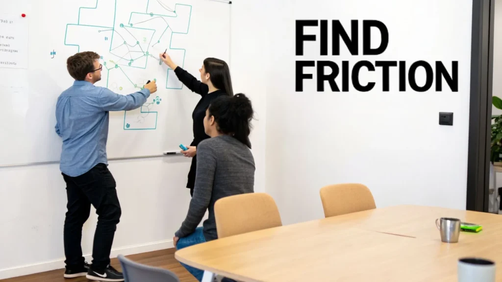 Team brainstorming at whiteboard with text “Find Friction,” illustrating employees identifying workflow bottlenecks to improve productivity and business processes.