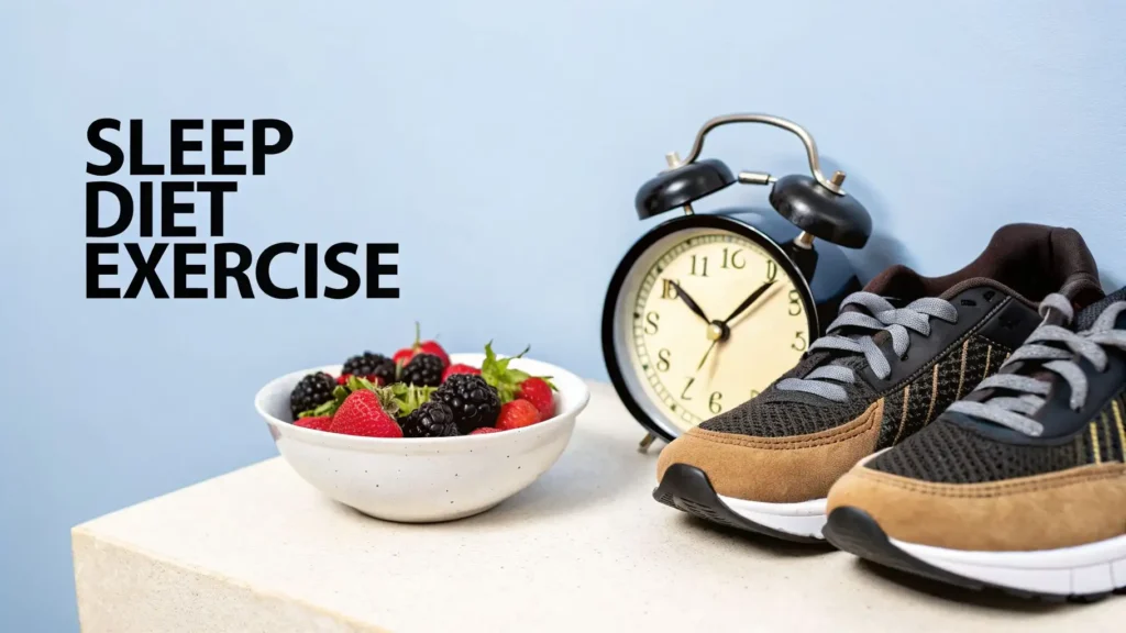 Healthy lifestyle concept showing alarm clock, running shoes, and bowl of fresh berries with text “Sleep Diet Exercise,” illustrating habits that improve memory retention and brain health.