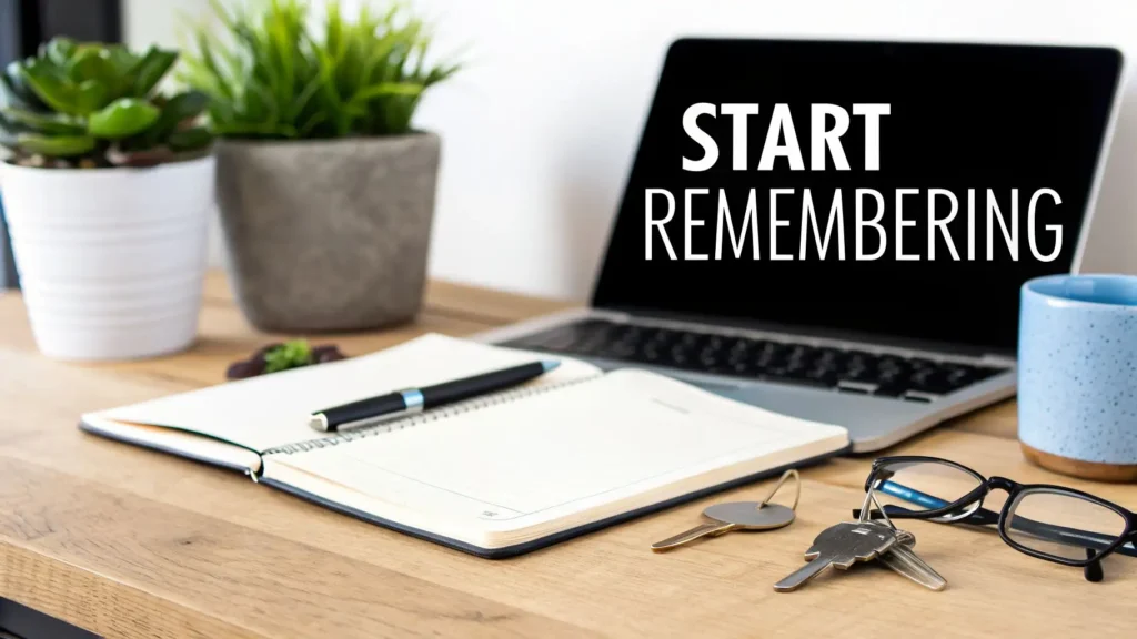 Workspace with laptop displaying “Start Remembering,” open notebook, pen, keys, and coffee mug, illustrating memory improvement techniques and study productivity for better memory retention.
