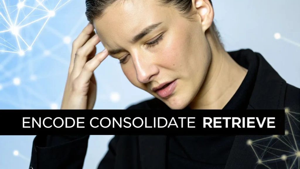 Close-up of woman concentrating with text “Encode Consolidate Retrieve,” illustrating the three stages of memory formation and retrieval for improving memory retention.