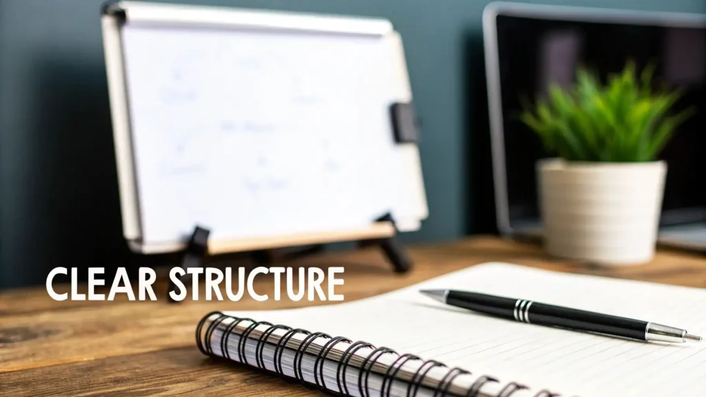 Notebook and pen on a desk with a whiteboard in the background and “Clear Structure” text, symbolizing organized presentation planning, clear structure in public speaking, effective communication, and speech preparation.