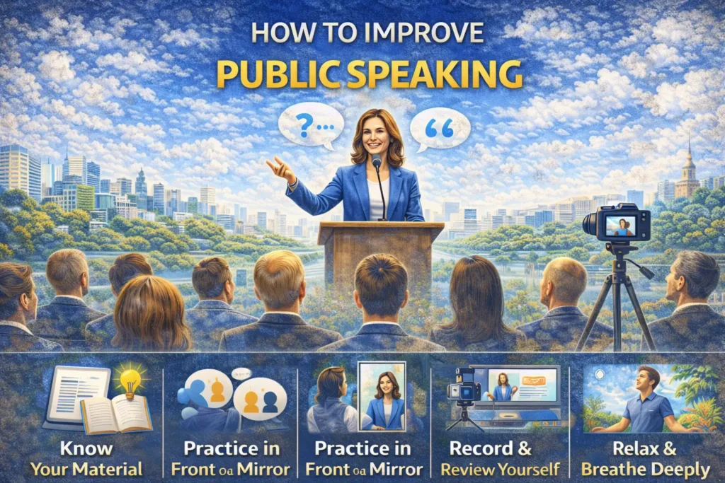 Illustration showing how to improve public speaking, with a woman speaking confidently at a podium in front of an audience, and icons below highlighting tips like knowing your material, practicing in front of a mirror, recording yourself, and breathing deeply.