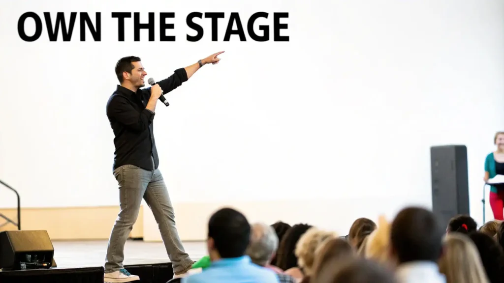 Confident public speaker holding a microphone and pointing toward the audience on stage with “Own the Stage” text, illustrating public speaking skills, presentation confidence, stage presence, and effective communication.