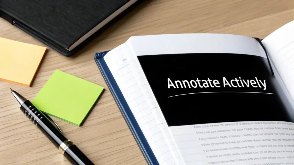 Open notebook with text “Annotate Actively,” pen and sticky notes on desk, illustrating active reading strategies and note-taking techniques to improve reading comprehension.