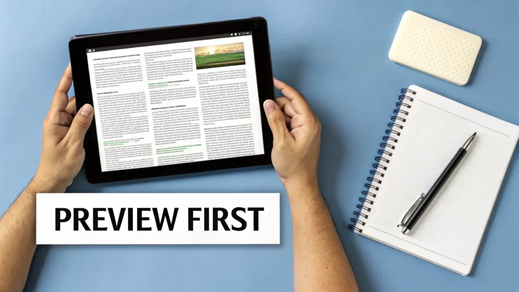 Person holding tablet displaying article with text “Preview First,” alongside notebook and pen, illustrating reading comprehension strategy of previewing content before detailed study.