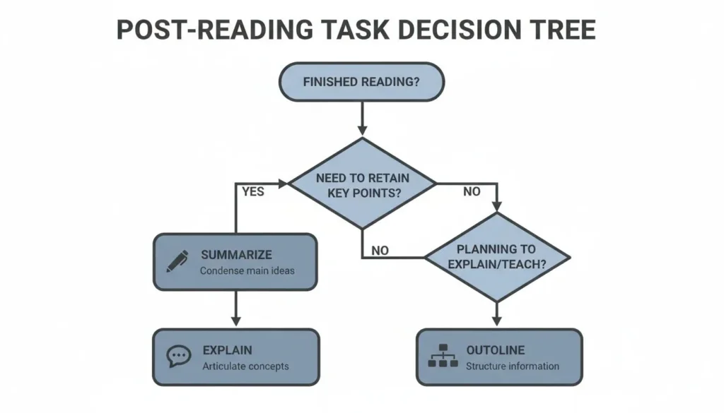 Post-reading task decision tree diagram showing steps to summarize, explain, or outline content to improve reading comprehension and retain key points.