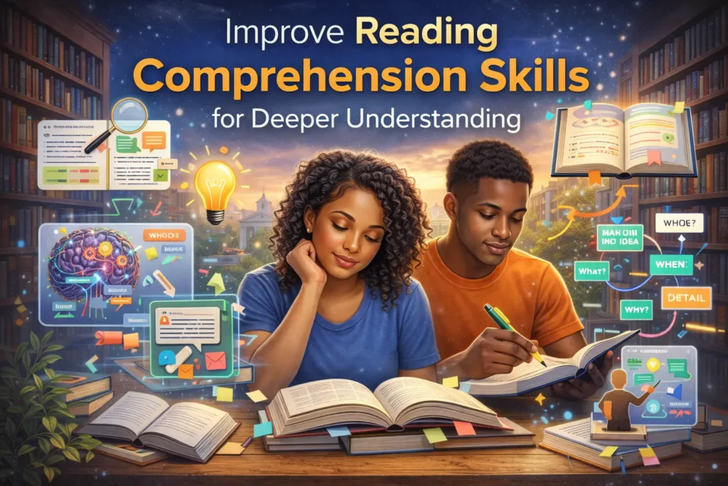 How to Improve Reading Comprehension Skills for Deeper Understanding Improve Reading Comprehension Skills cover image showing two students studying with open books in a library, highlighting text, sticky notes, brain graphic, and critical thinking icons for deeper understanding.