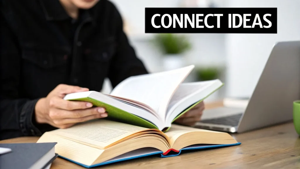 Student reading open books beside a laptop with text “Connect Ideas,” illustrating reading comprehension strategies and critical thinking skills for better understanding.