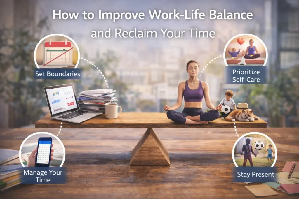 Realistic cover image titled “How to Improve Work-Life Balance and Reclaim Your Time” showing a balanced scene with work items on one side and personal life activities like meditation and family time on the other, alongside tips such as setting boundaries, managing time, prioritizing self-care, and staying present.