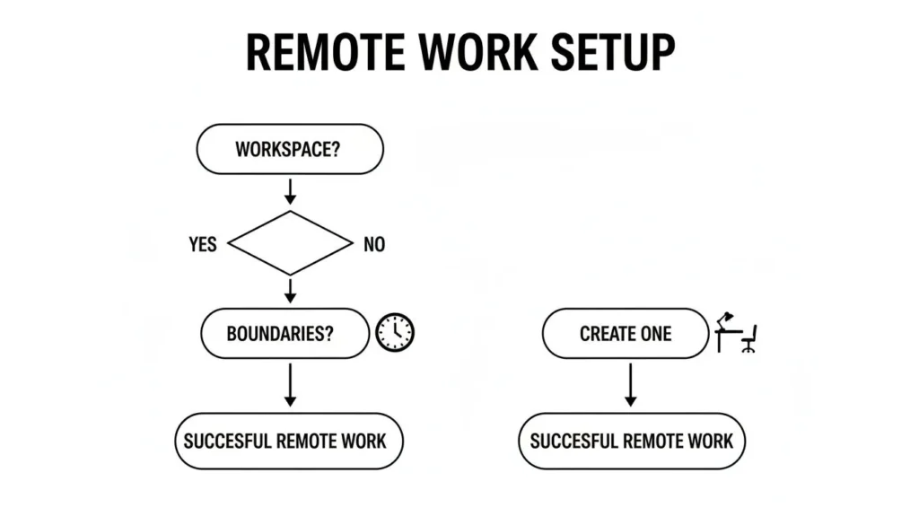 How to Improve Work Life Balance and Reclaim Your Time Flowchart titled “Remote Work Setup” showing decision steps: workspace → boundaries → successful remote work, or create a workspace to achieve successful remote work.