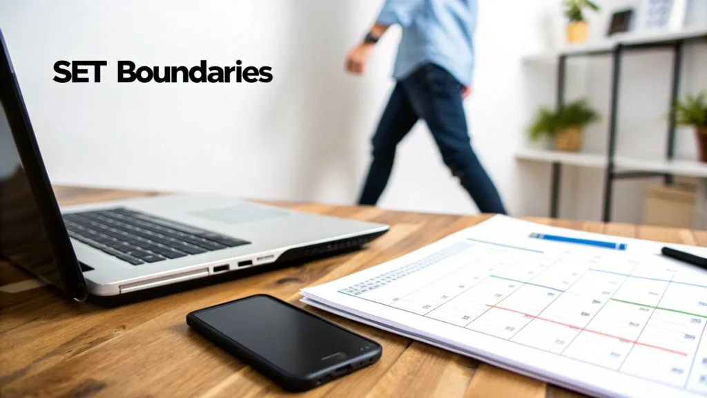 How to Improve Work Life Balance and Reclaim Your Time Laptop, smartphone, and calendar planner on a desk with a person walking away in the background, illustrating setting boundaries and separating work from personal time.