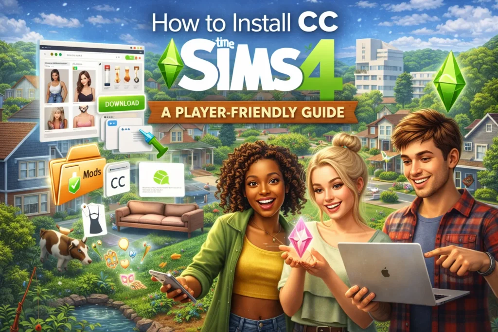 How to Install CC in The Sims 4 guide cover image showing Sims-style characters using a laptop and phone, custom content download interface, Mods folder icons, and suburban neighborhood background.