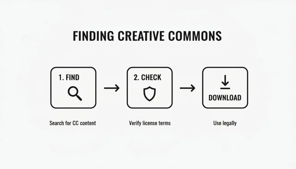 Creative Commons guide diagram showing steps to find CC content, check license terms, and download legally for safe use of custom content.