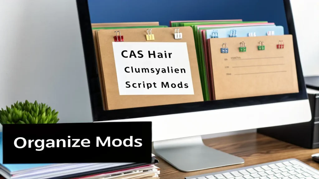 Computer screen displaying organized Sims 4 mod folders labeled CAS Hair, Clumsylalien, and Script Mods, illustrating how to organize and manage custom content and mods efficiently.