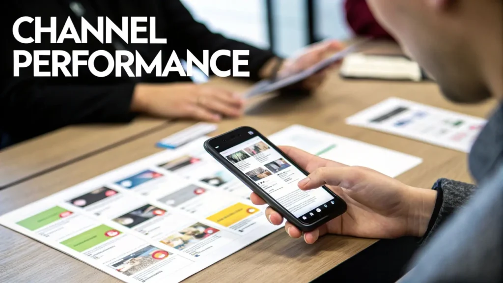 How to Measure Content Performance Like an Expert Team reviewing channel performance metrics, with a person analyzing content on a smartphone while marketing reports and analytics sheets are spread across a desk.