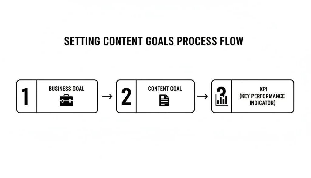 How to Measure Content Performance Like an Expert Infographic titled “Setting Content Goals Process Flow” showing three steps: business goal, content goal, and KPI (key performance indicator).
